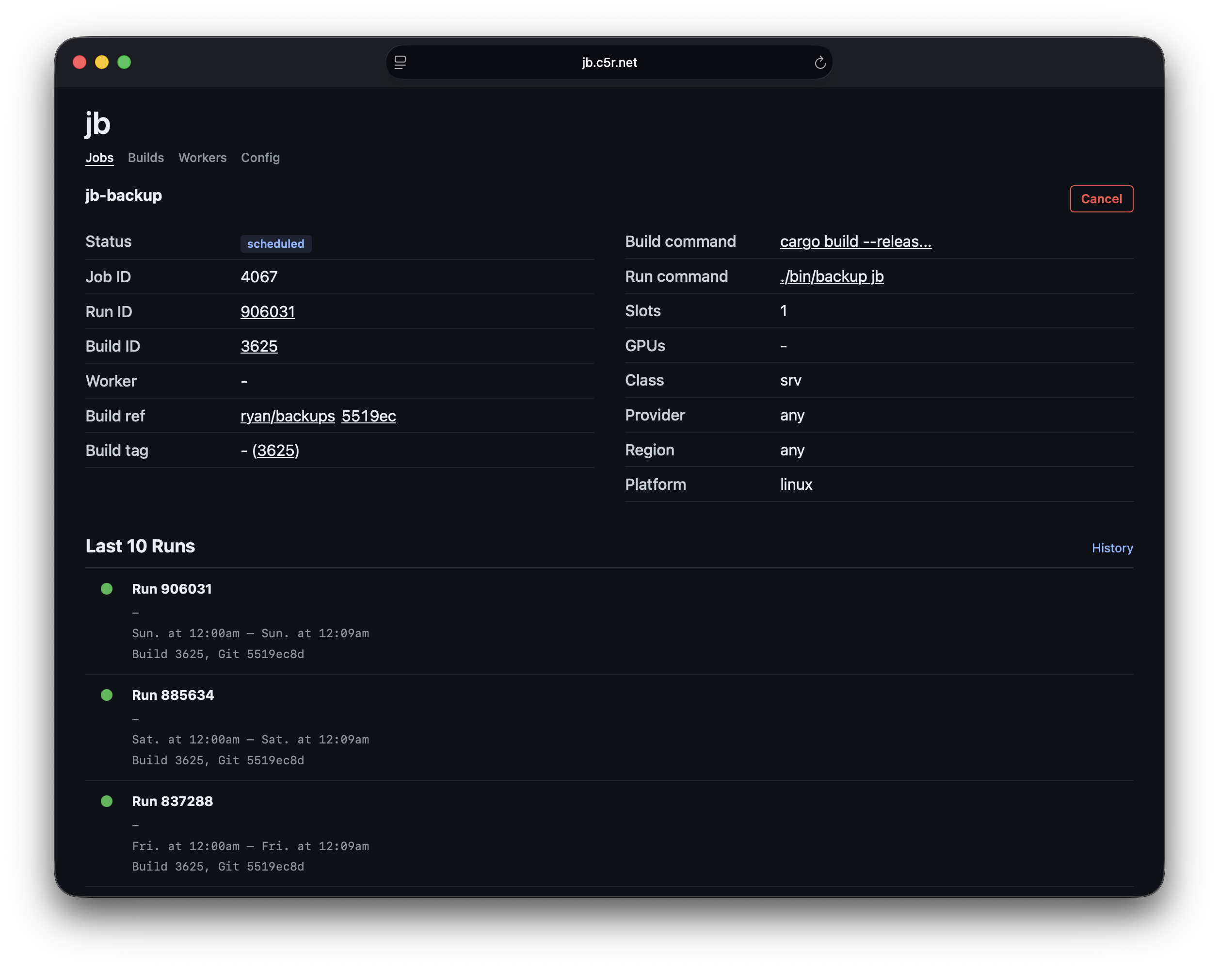 JB job details and run history